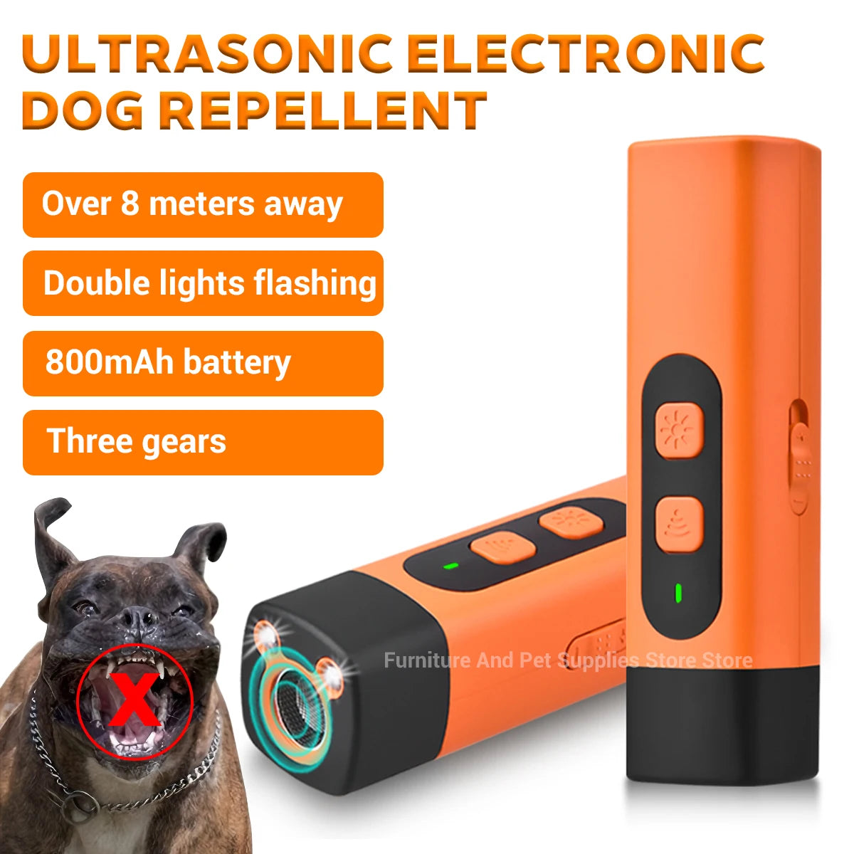 Rechargeable Ultrasonic Dog Repeller & Anti-Bark Deterrent – Dog Training Device with LED Flashlight | Orange
