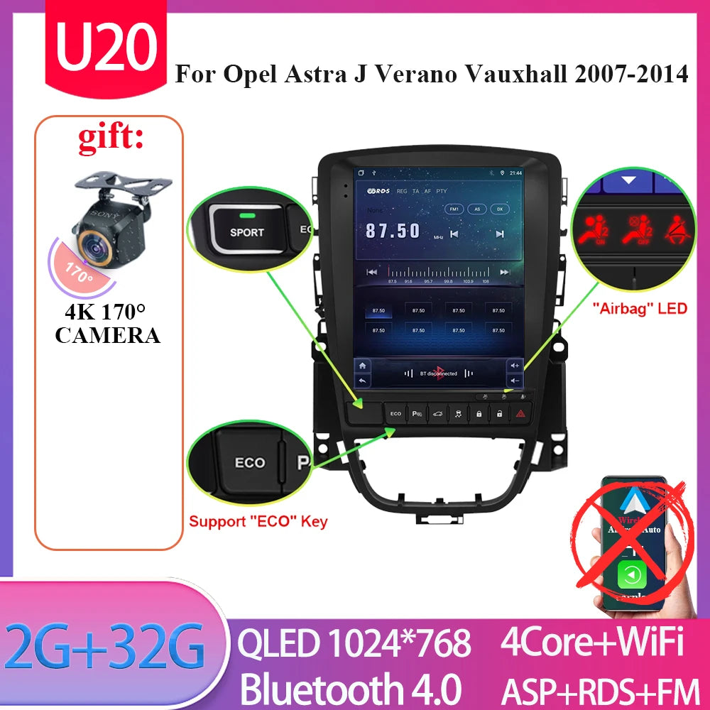 9.7" Android Car Stereo for Opel Astra J & Verano, Vauxhall (2007–2014) — CarPlay, GPS, 4G, Bluetooth