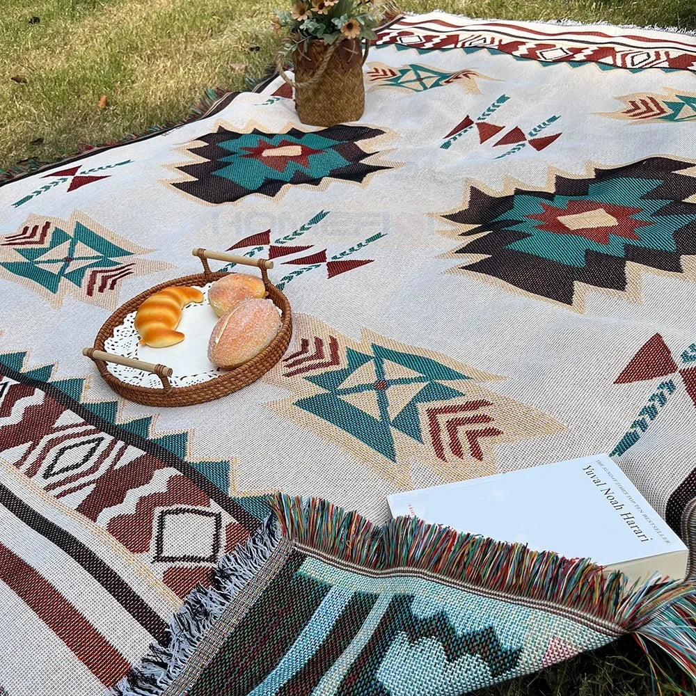 Aztec Boho Throw Blanket with Fringe - Oversized Geometric Woven Throw - photo 2
