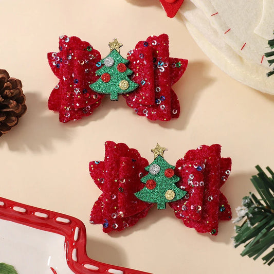 2-Piece Baby Girls Christmas Glitter Bow Clips with Antlers & Santa