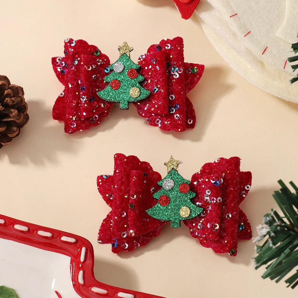 2Pcs/Set Baby Girls Christmas Hair Clips Glittle Bows with Antlers Santa Claus Snowflake Hairpin Shiny Headwear Hair Accessories