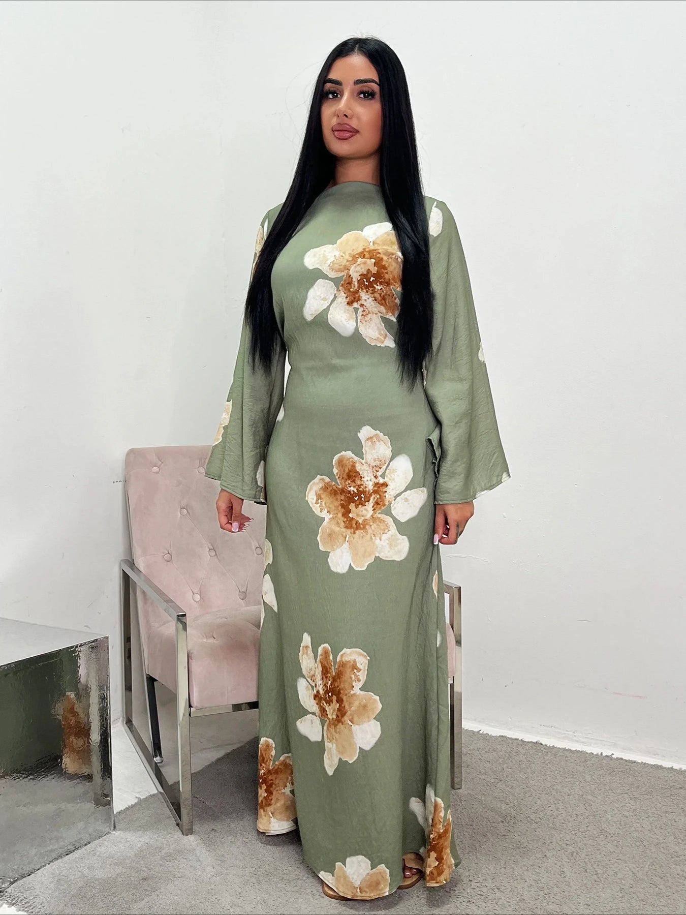 Women's Floral Print Abaya Party Dress – Muslim Kaftan Jalabiya