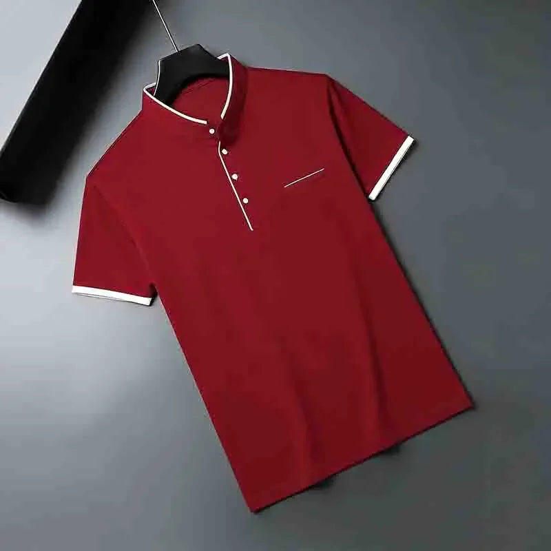 Men's Mandarin Collar Polo - Short Sleeve Pocket, All-Season Pullover