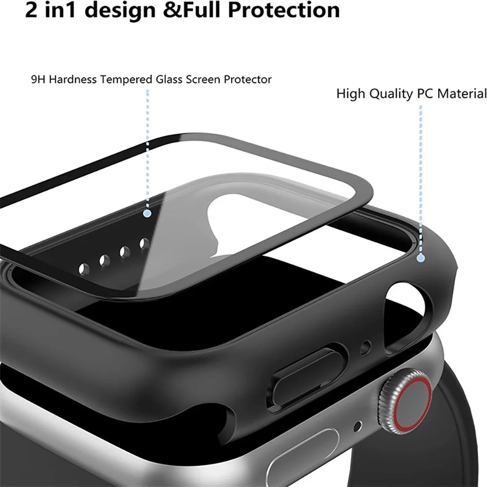 Apple Watch Tempered Glass Case + Screen Protector – Series 1–11, SE & Ultra 2 (38–46mm)
