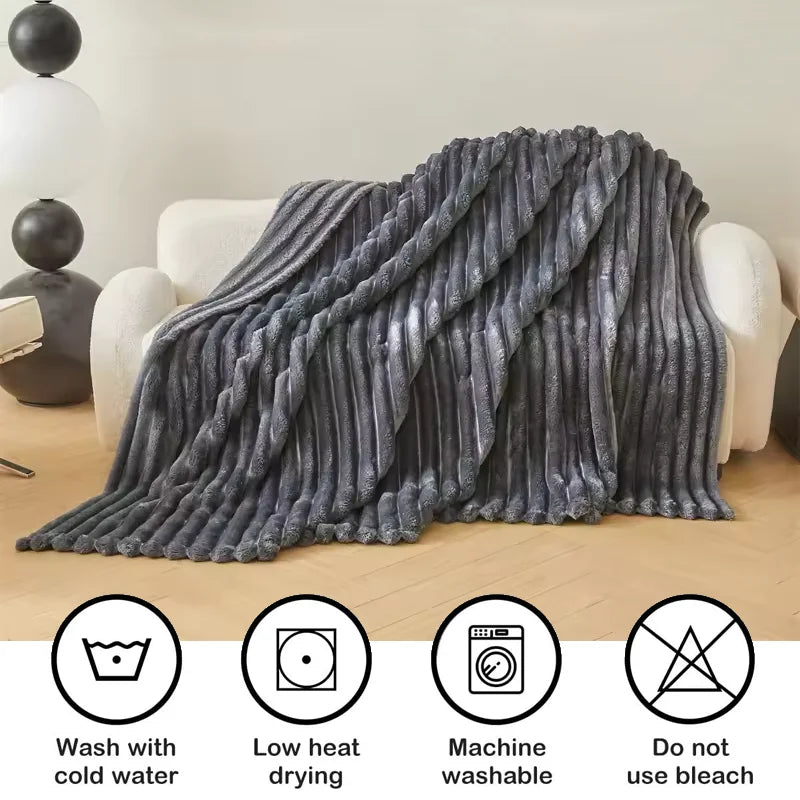 Striped Fluffy Throw Blanket, 250 GSM Soft Bed Blanket