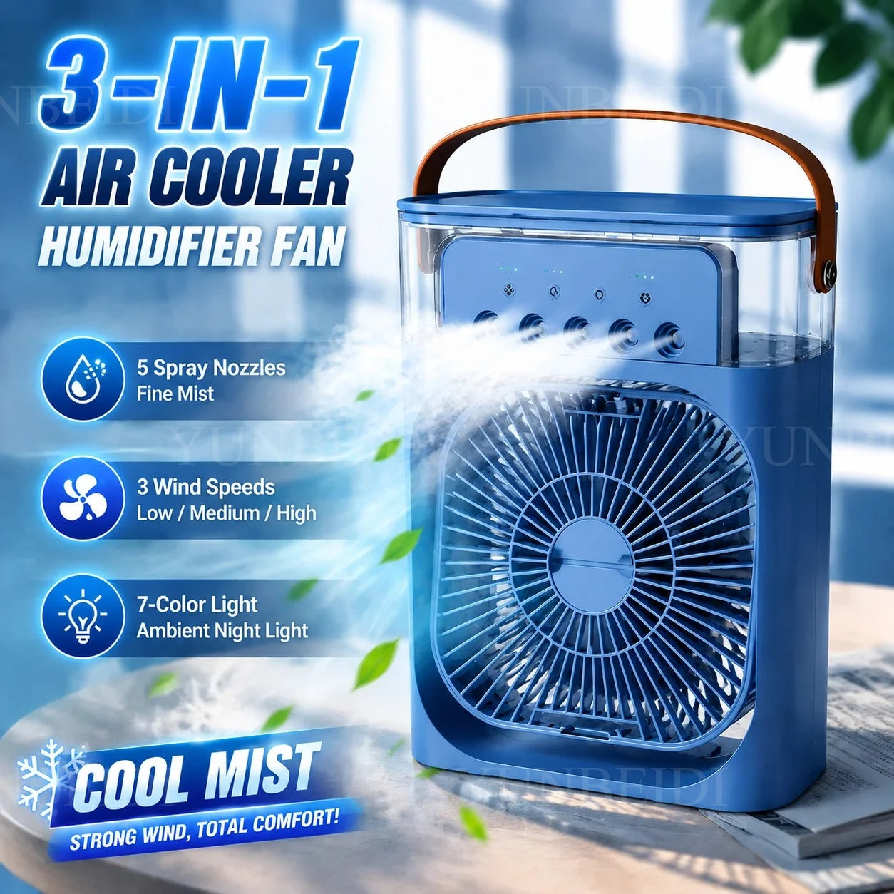 3-in-1 Portable Evaporative Air Cooler – Misting Fan, Humidifier & LED Light