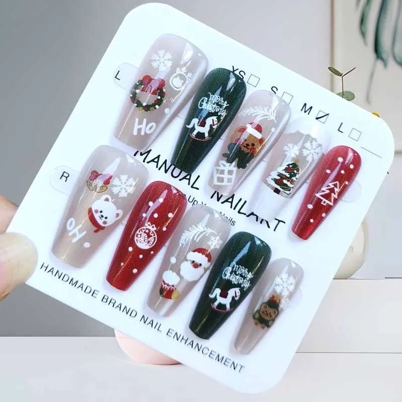 10 Pcs Christmas Atmosphere Press on Nails Cute Christmas Tree Bear Snowflake and Santa Claus Handmade Nails Patch Fake Nails
