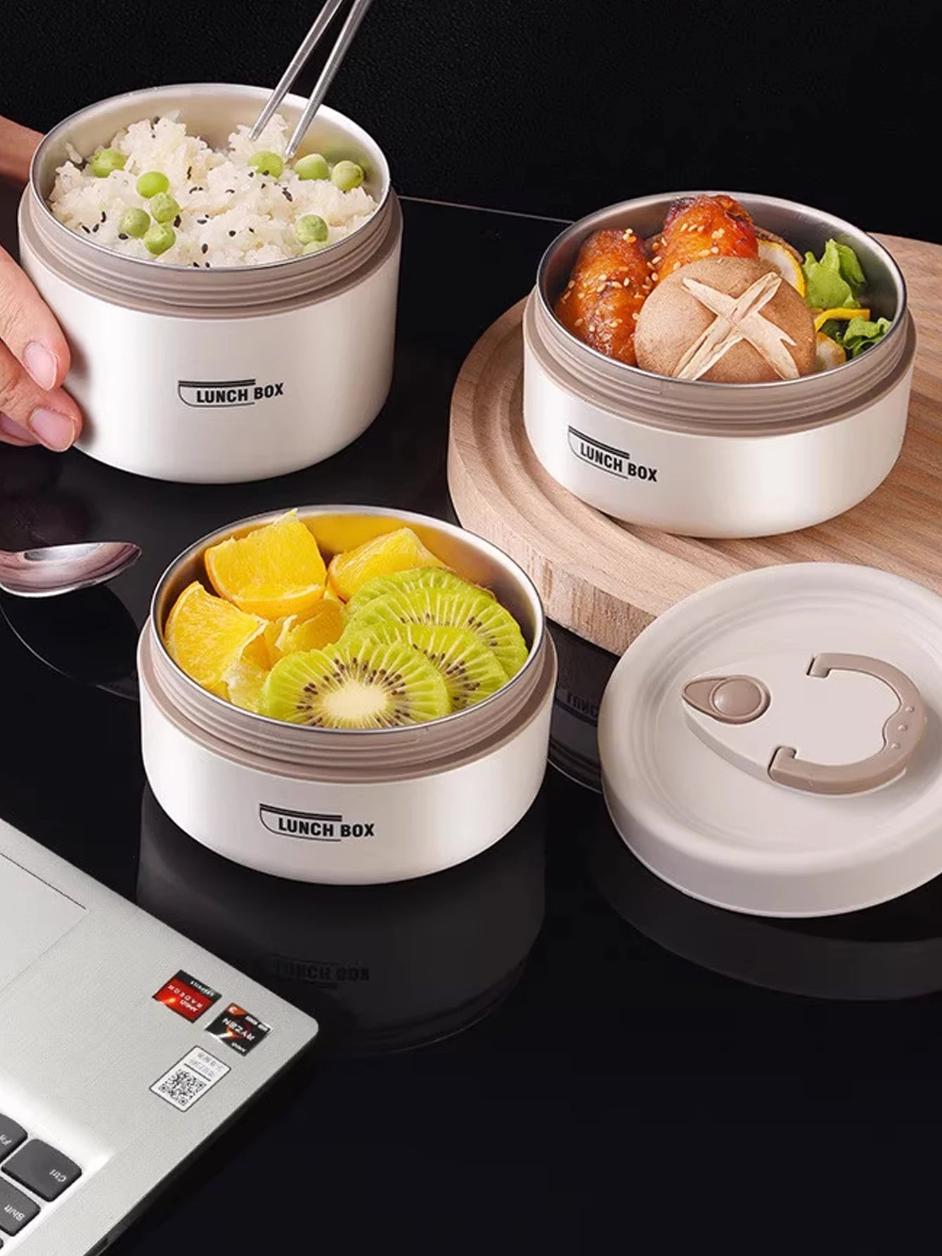 4pcs Portable Insulated Food Lunch Container Set with Thermal Lunch Box 3 Separate Stackable Lunch Container for Adult Kids
