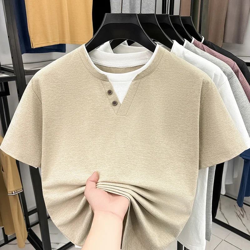 Men's Henley T-Shirt - Short Sleeve Button Detail, Layered Look