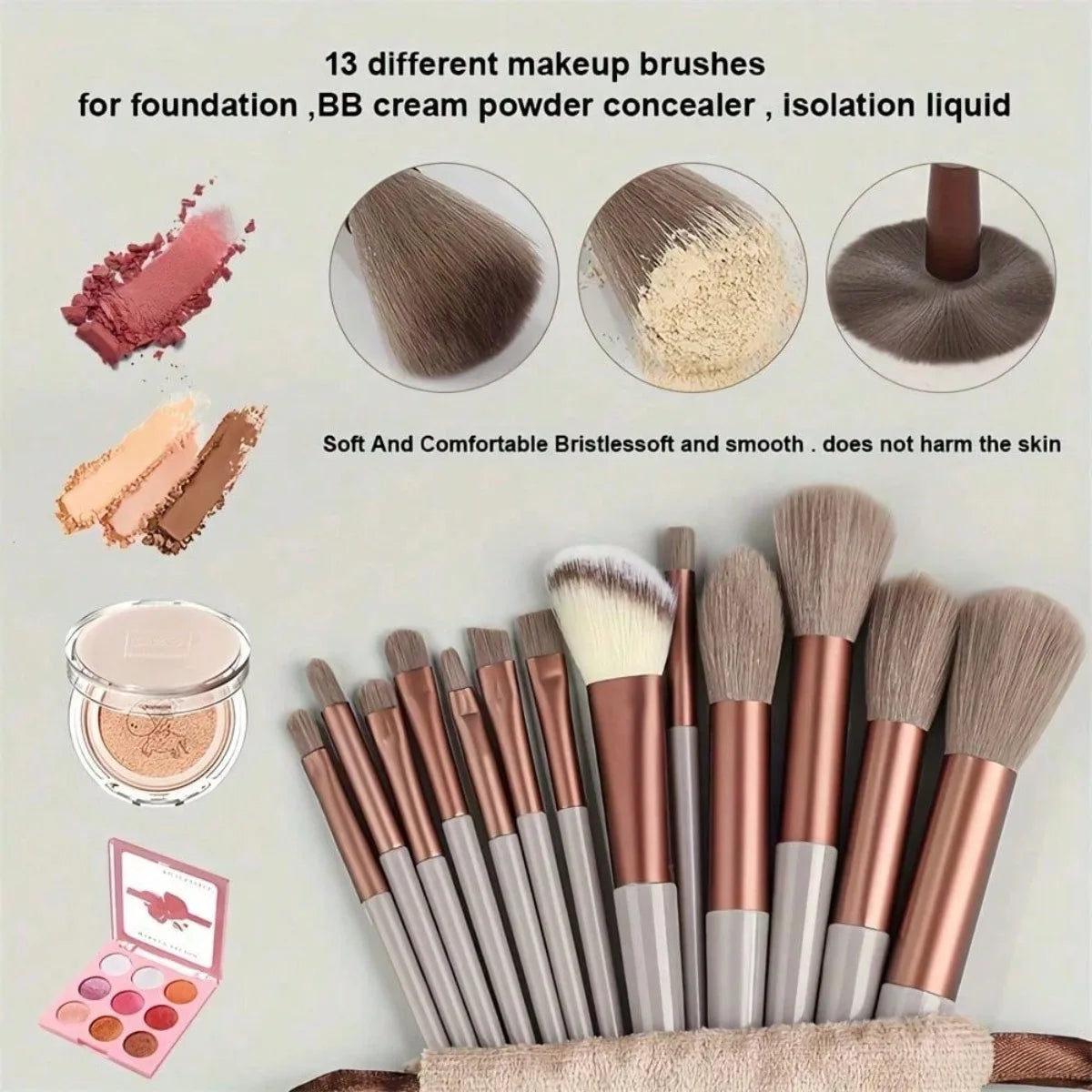 13-Piece Soft Makeup Brush Set with Travel Pouch — Premium Synthetic Fibers