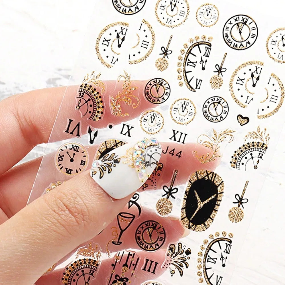 2PCS New Year clock fireworks nail stickers, easy to apply for nail decoration DIY, gifts, party and wedding makeup styling