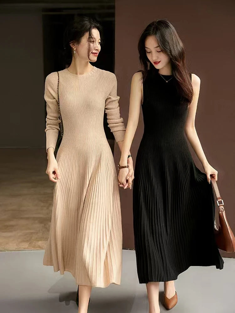 Women Sweater 100% Merino Wool Dress A-Line Pleated Skirts Spring Autumn Pullover Cashmere Thin Slim Flare Dress O-neck Knitwear