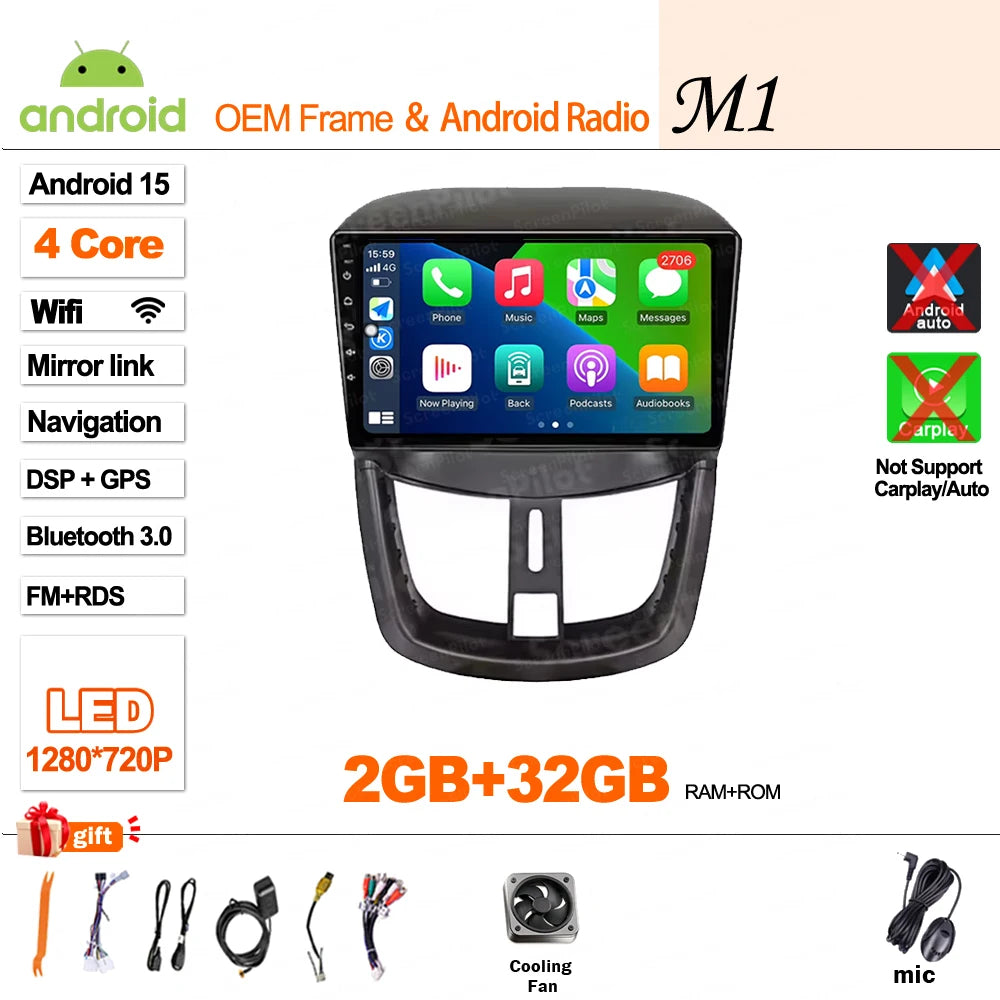 9" Android Car Stereo for Peugeot 207 & 207CC (2006–2015) — Wireless Android Auto, CarPlay, GPS, WiFi