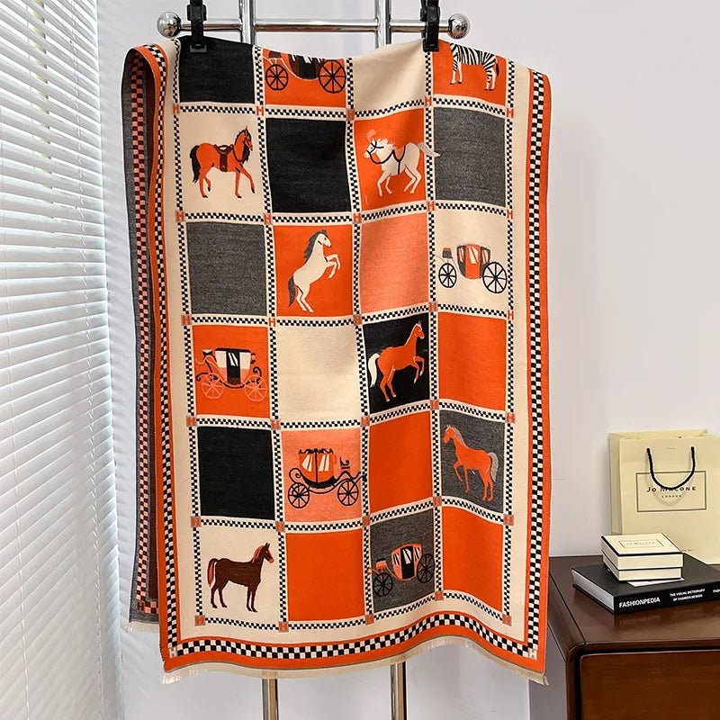 Women's Horse Print Poncho Shawl Wrap, Thick Winter Scarf