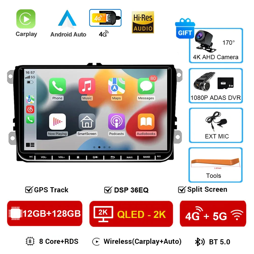 2 Din Android 16 Car Radio 9'' GPS With Carplay For VW/Volkswagen Passat Golf MK5 MK6 Jetta EOS POLO Touran Seat Sharan