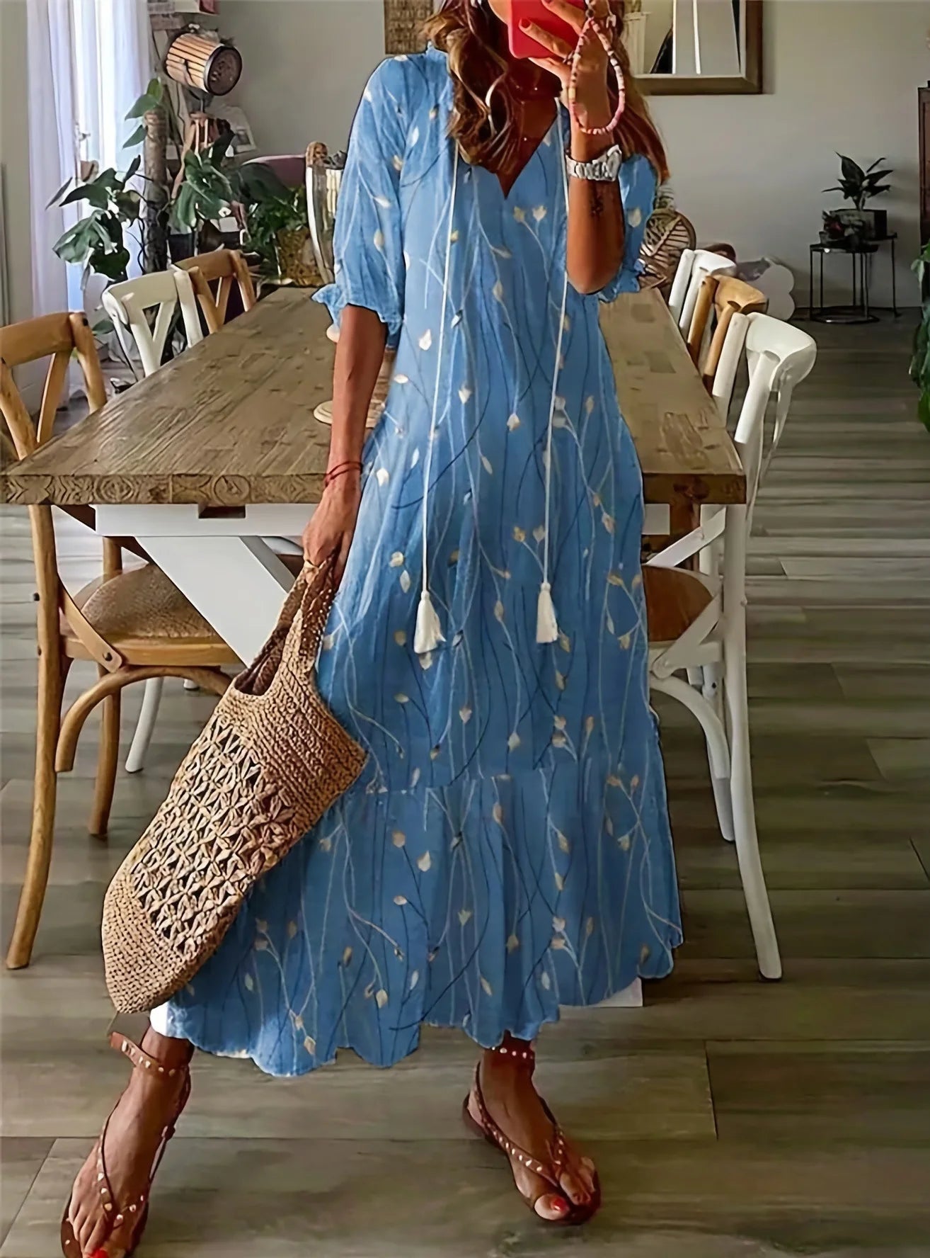 Women's Boho Maxi Dress – Casual V-Neck Drawstring Long-Sleeve Printed Bohemian Dress