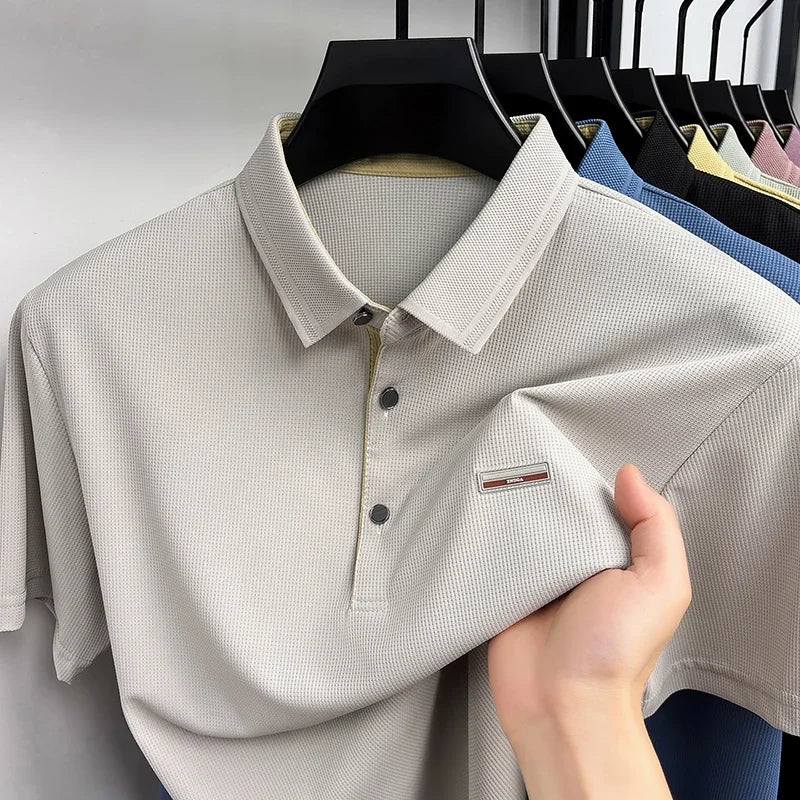 Men's Honeycomb Jacquard Polo - Breathable Mesh, Metal Buttons