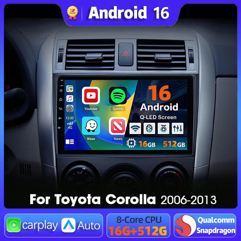 Android 16 Car radio Navigation Multimedia Player For Toyota Corolla 2006 2007 2008 2009 2010 2011 2012 2013 Carplay Auto Stereo