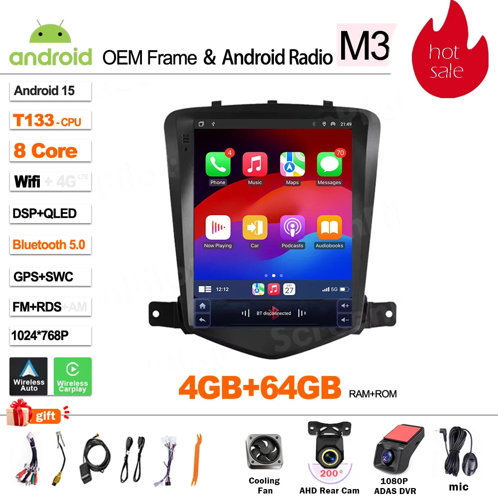 For Chevrolet Cruze J300 2008 - 2012 Android 16 Multimedia Video Player GPS Navigation Wireless Android Auto Touch Screen RDS