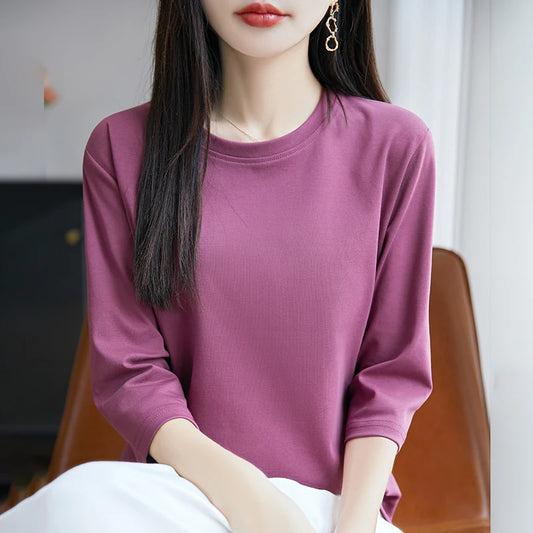 Spring And Summer New Cropped Sleeve Women's Round Neck Cotton T-shirt Loose Mercerized Cotton Short Sleeve Bottoming Shirt