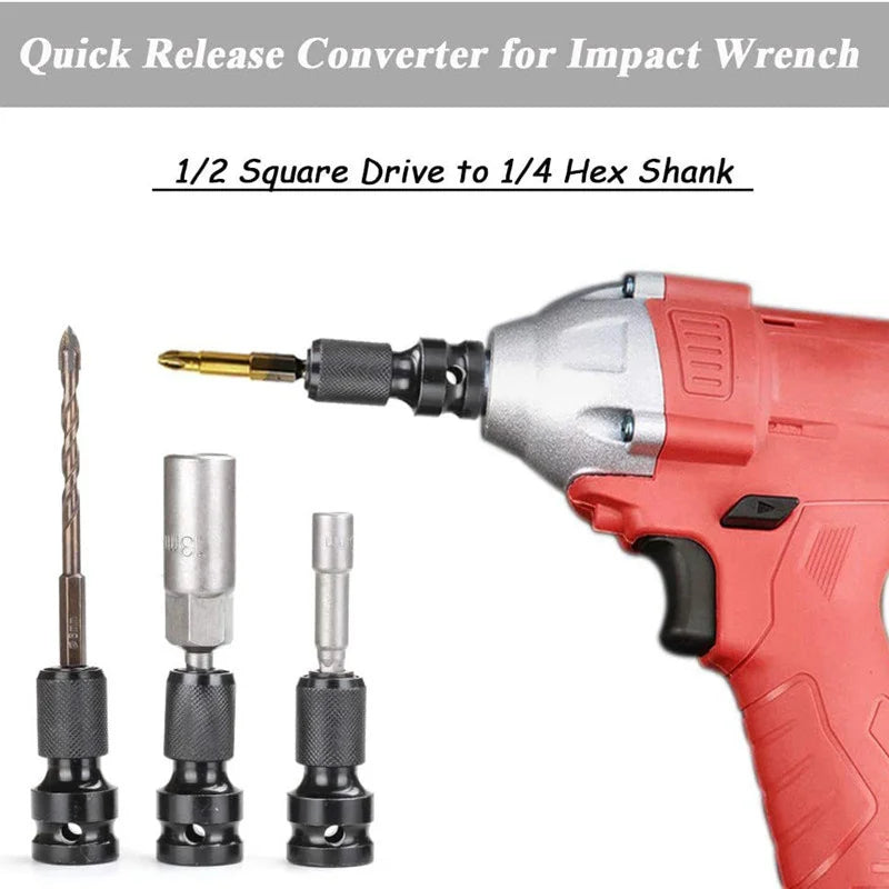 1/2 Square to 1/4 Hexagon Ratchet Sleeve Impact Wrench Sleeve Set Adapter Wrench Drive Converter Quick Release Tool