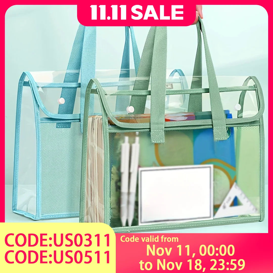 PVC Transparent Book Bag – Waterproof Sealed, Double-Layer Storage, Handle File Pouch, Study Organizer, Snap Design, Heavy-Duty