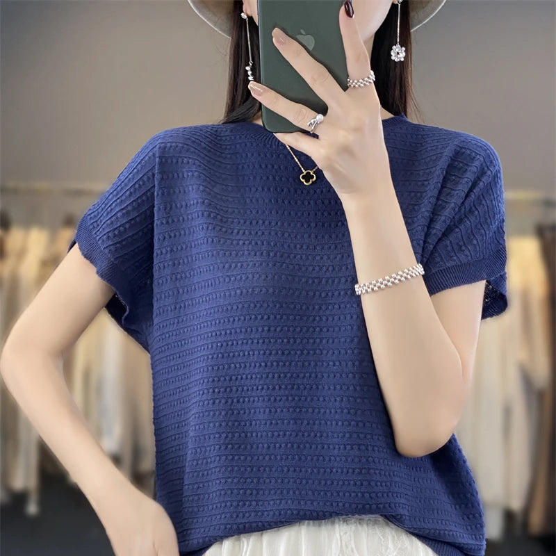 Pure Cotton Hollow Short-Sleeved Ladies Spring And Summer Loose Slim New Joker Knit Bottoming T-Shirt