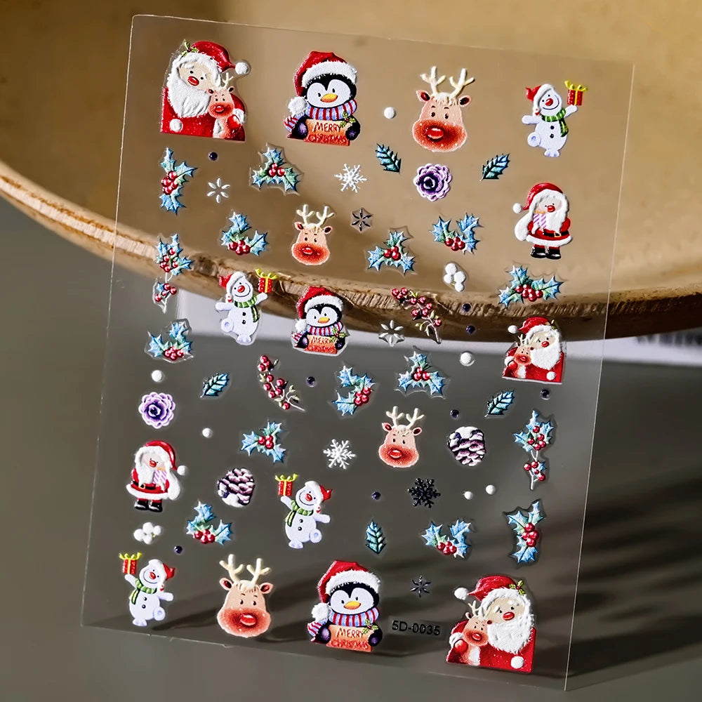 1pcs 5D Embossed Snowflakes/Snowman/Santa Claus/Reindeer Nail Art Stickers Self-Adhesive Cute Christmas Nail Art Decals 8*10CM