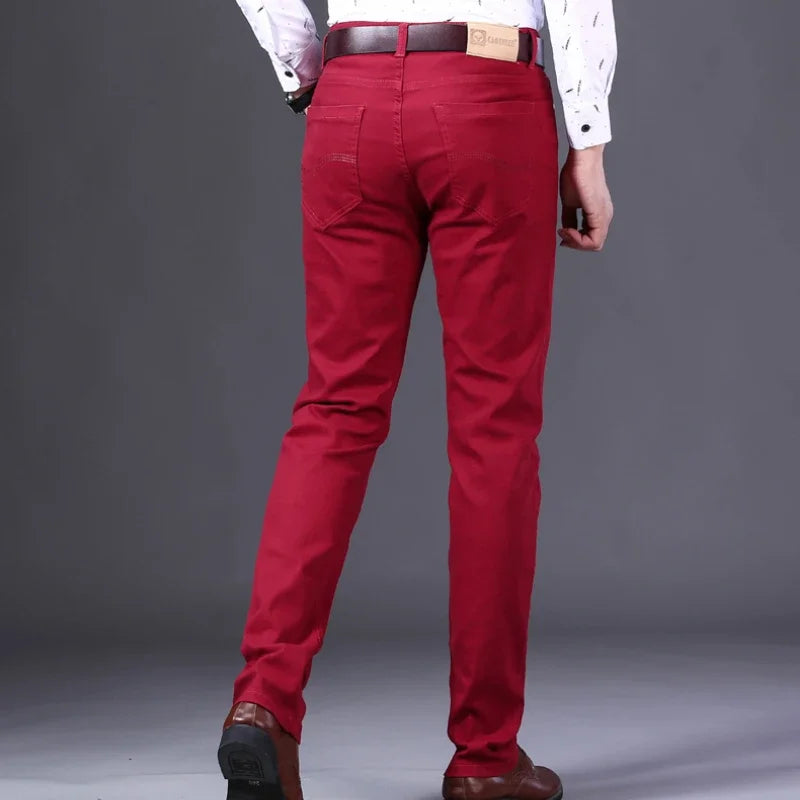 2024 New Spring Men's Slim Jeans Classic Style Straight Elasticity Cotton Denim Pants Male Brand Wine Red Black White Trousers