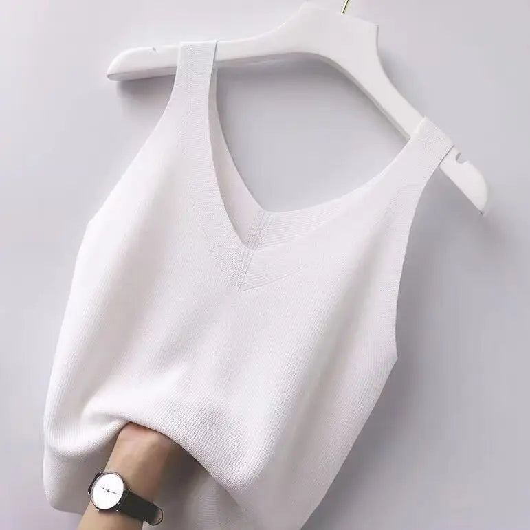 Plus Knit Tank Top V-Neck Ice Silk Sleeveless 2026 Summer Clothing Vests for Women Korean Fashion Loose Elegant Casual Cami Top