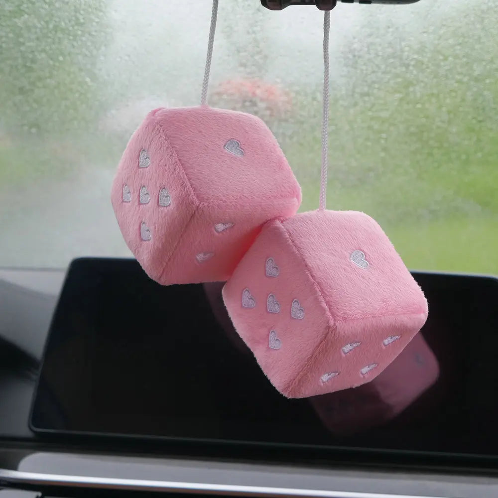 1 Pair 7cm Fuzzy Plush Dice Heart Shape Decor for Car Rearview Mirror, Retro Square Decoration Dice for Car Hanging Accessories