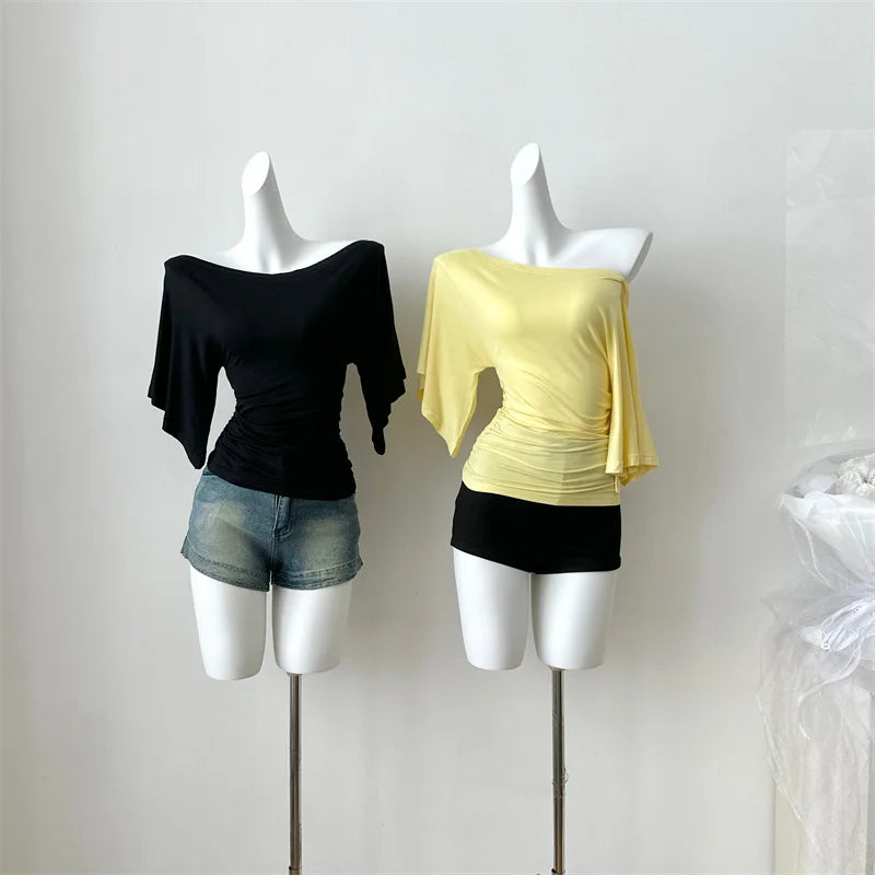 Women's Summer High Stretch Slash Neck Flare Sleeve Slim T Shirt Lady Sexy Pleated Slim Solid Color Pullover Tee Top