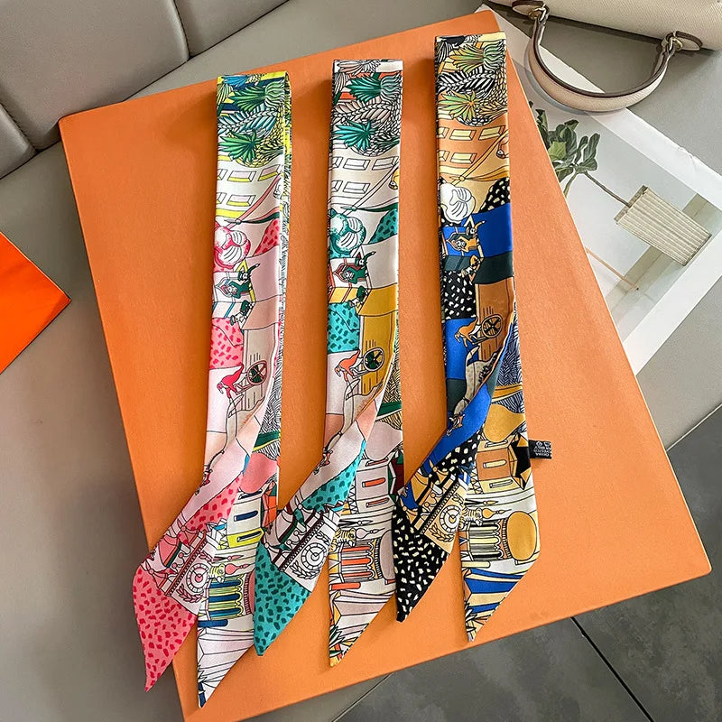 Women's Long Skinny Ribbon Scarf - Printed Hair Tie & Bag Band - photo 2