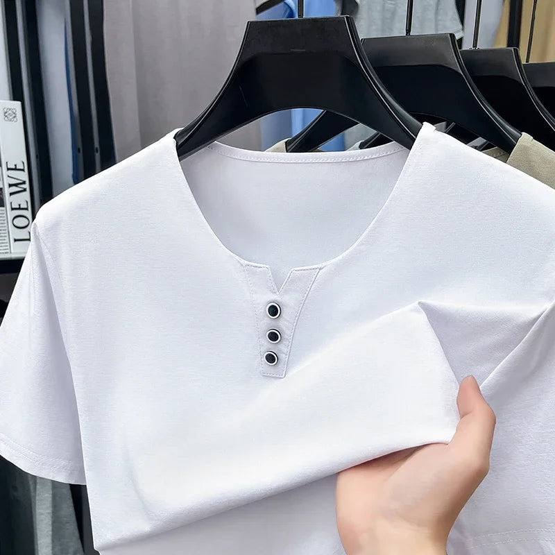 Men's Split V-Neck Tee - Three Metal Buttons, Breathable Slim Fit