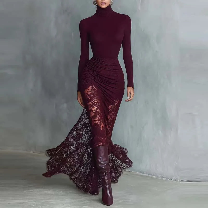 New Women's Turtleneck Long Sleeve Slim Lace Patchwork Dress Ruched Mermaid Elegant Long Sleeve Evening Gown Maxi Dresses Female