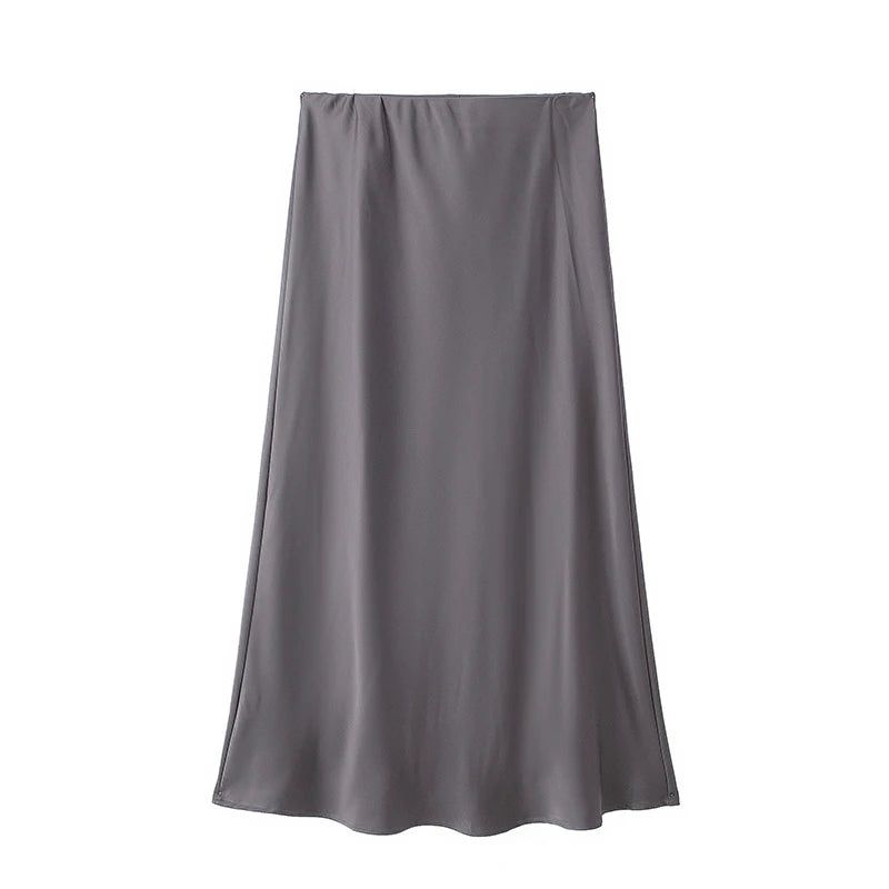 High-Waist Satin Midi Skirt – Elegant Office A-Line Skirt
