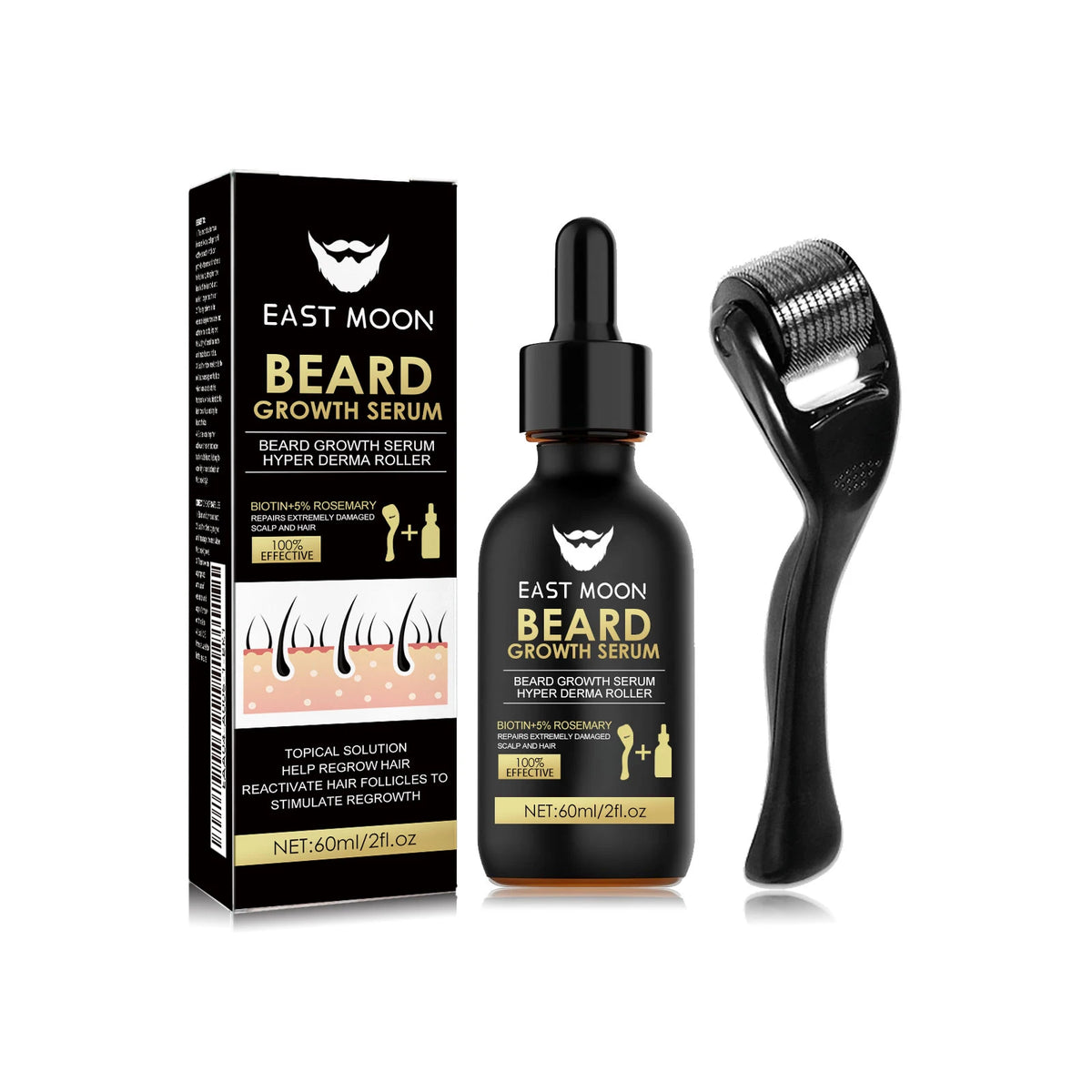 Beard Growth Serum Kit 0.2mm Derma Roller Infused Activate Hair Follicles Repair Damaged Beard Boost Fuller Thicker Beard Serum
