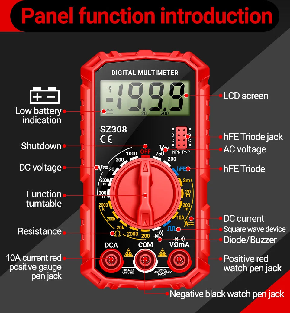 Digital MultimeterAC/DC Current Voltage Resistance Meter Meter Electrician LCD Backlight Ohm Square Wave Test tools ANENG SZ308