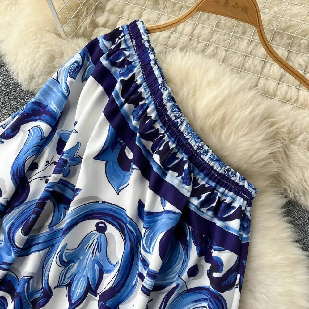 Summer Long Dress Women Runway Blue And White Porcelain Asymmetry Sexy Off The Shoulder Ruffles Hem Loose Robe Maxi Vestidos