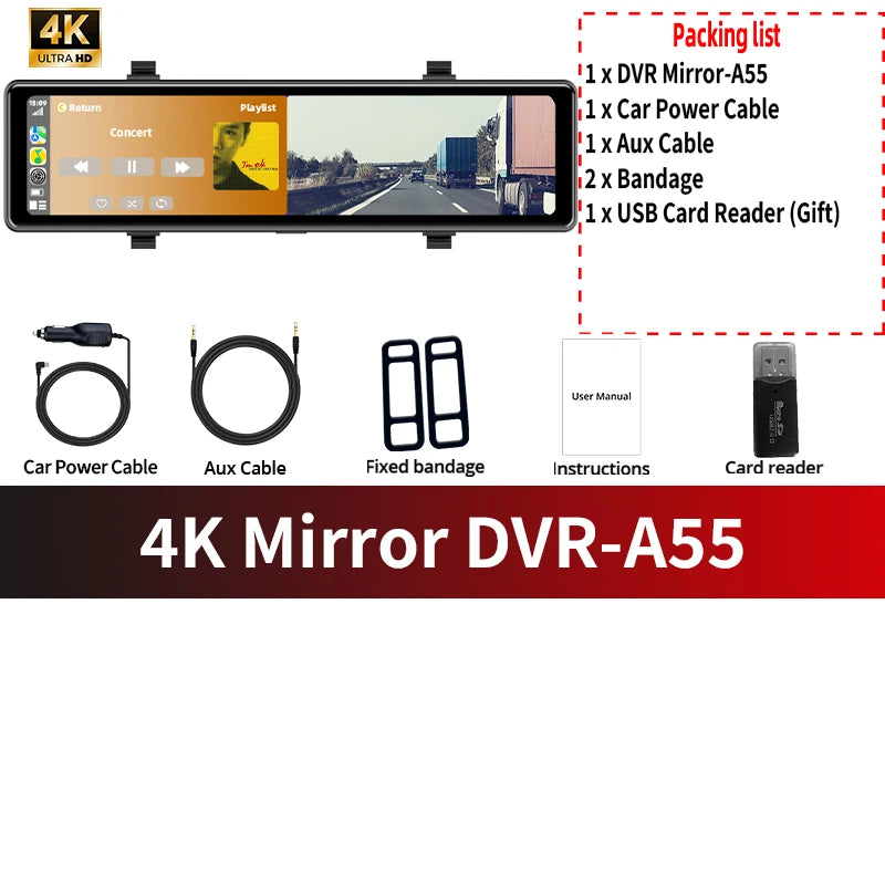 Acceo 4K WIFI Dashcam RearView Mirror DVR Support Rear View Camera Wireless Carplay Android Auto Video Recorder Camera Black Box