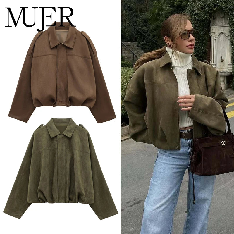 Women's Faux Suede Varsity Bomber Jacket - Oversized Padded Coat