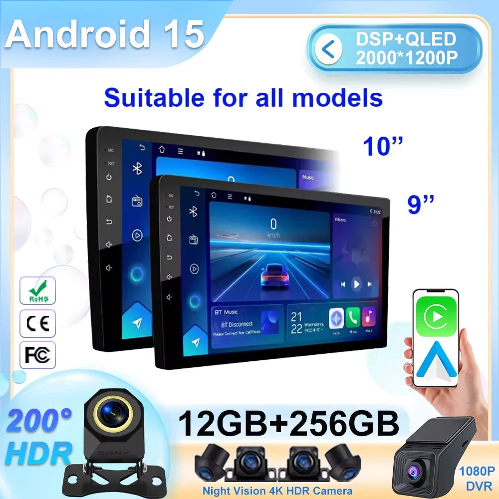 Universal 2-DIN Android Car Stereo (9"/10") — CarPlay, Android Auto, GPS, QLED Screen, Bluetooth