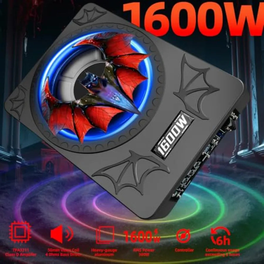Under seat subwoofers for vehicles, aluminum alloy, black, 1600W slim design with built-in amp, LED ambient light, deep bass, i