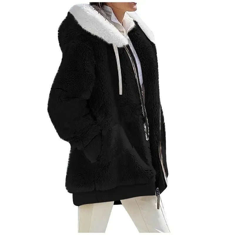 Women's Hooded Fleece Zip Jacket, Casual Winter Coat