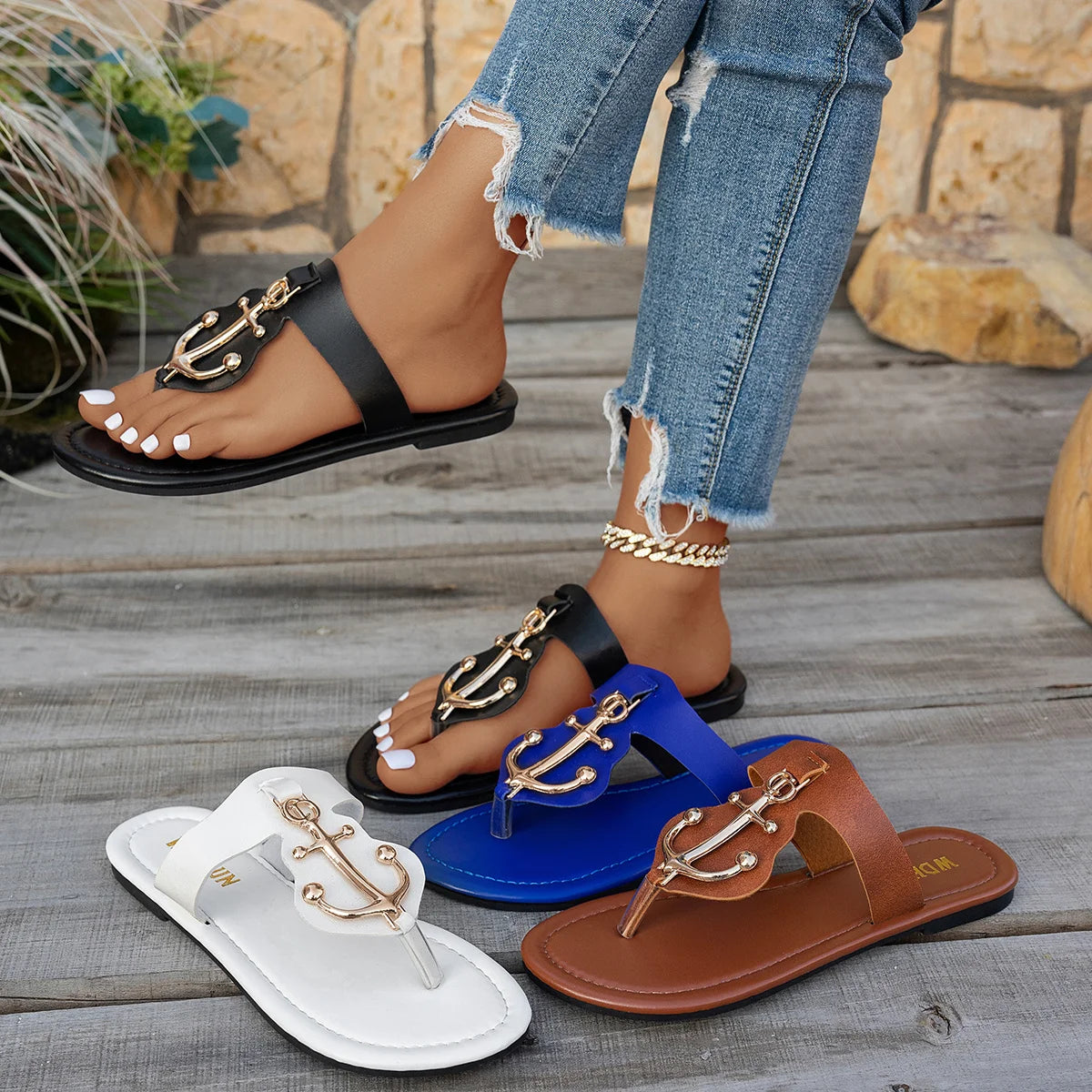 Flat Slide Slippers for Women — Casual Anchor-Print Summer Flip-Flops