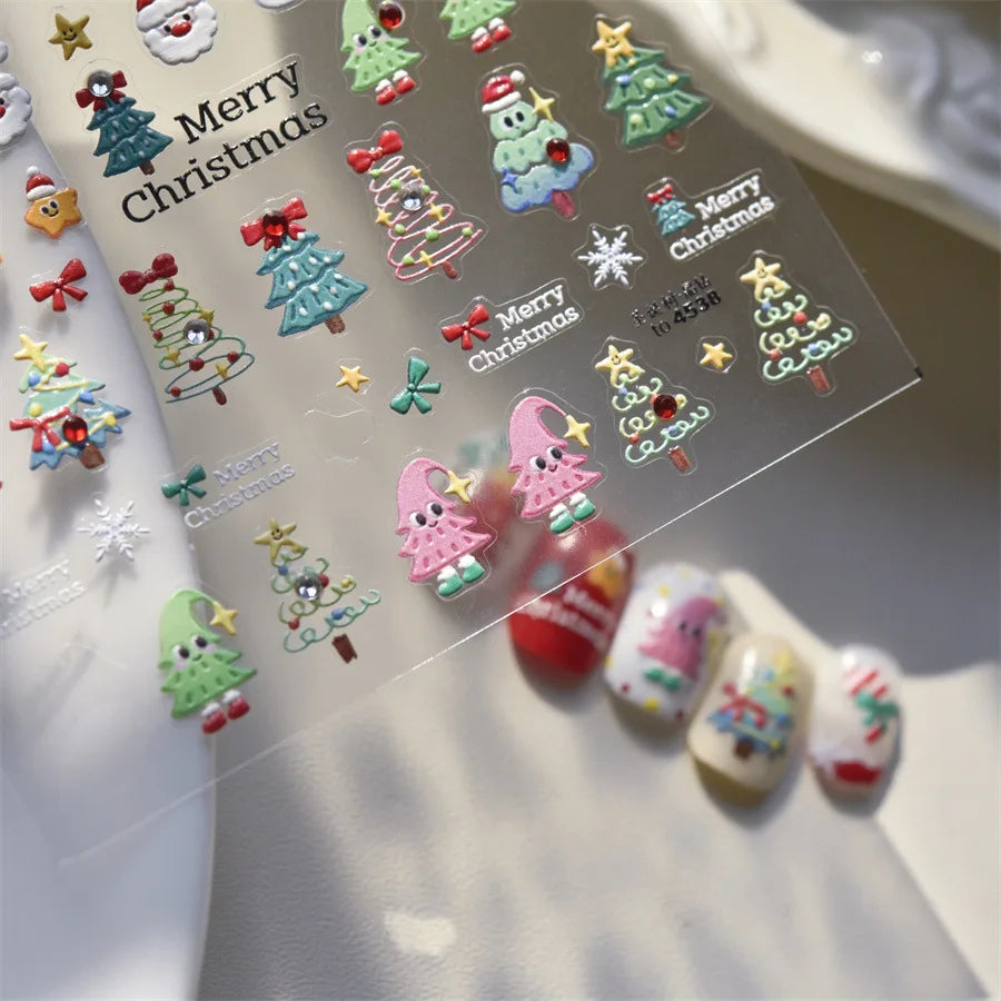 5D Embossed Mini Snowman Snow Nail Decorations Stickers Self Adhesive Nail Stickers Winter Christmas Nail Art Accessories Decals