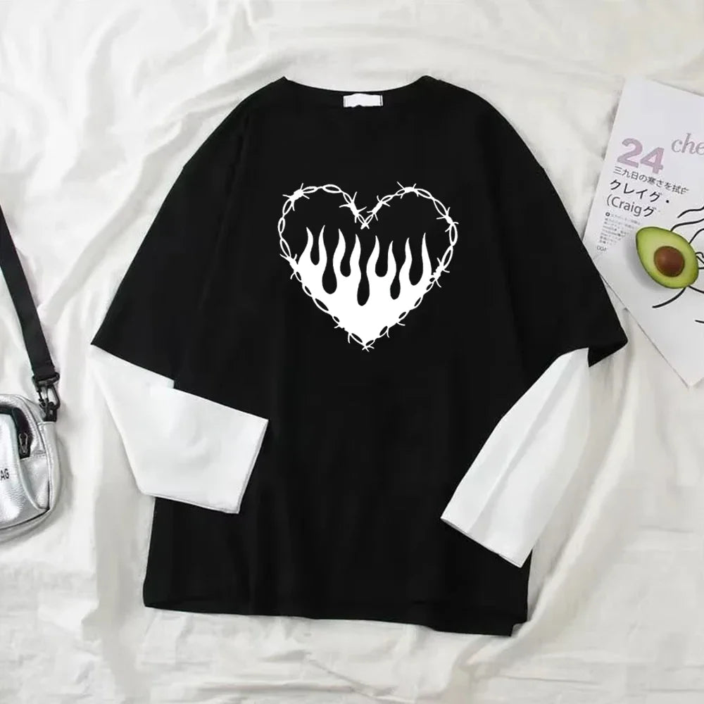 Fashion Punk Dark Style Printed Round Neck T-shirt Y2K Sport Harajuku Thin Women's Top Long Sleeves T Shirt Outdoor Loose Shirt