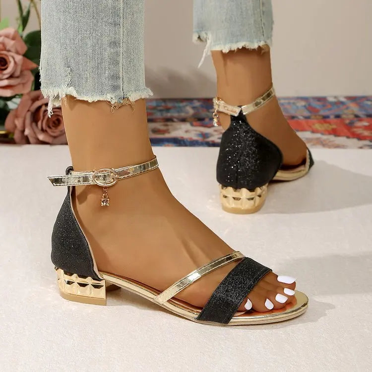 Crystal Low-Heel Dress Sandals for Women — Ankle-Strap Plus-Size Party Shoes