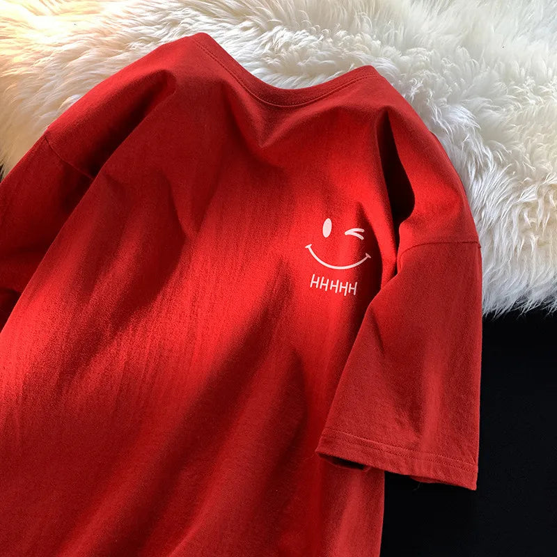 Smiley Face Print T-Shirt — Unisex Oversized Casual Short-Sleeve Tee