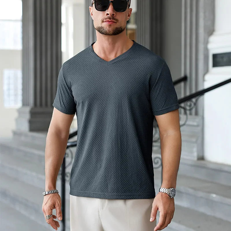 Men's Ice-Silk V-Neck Tee - Jacquard Quick-Dry, Casual Daily Wear